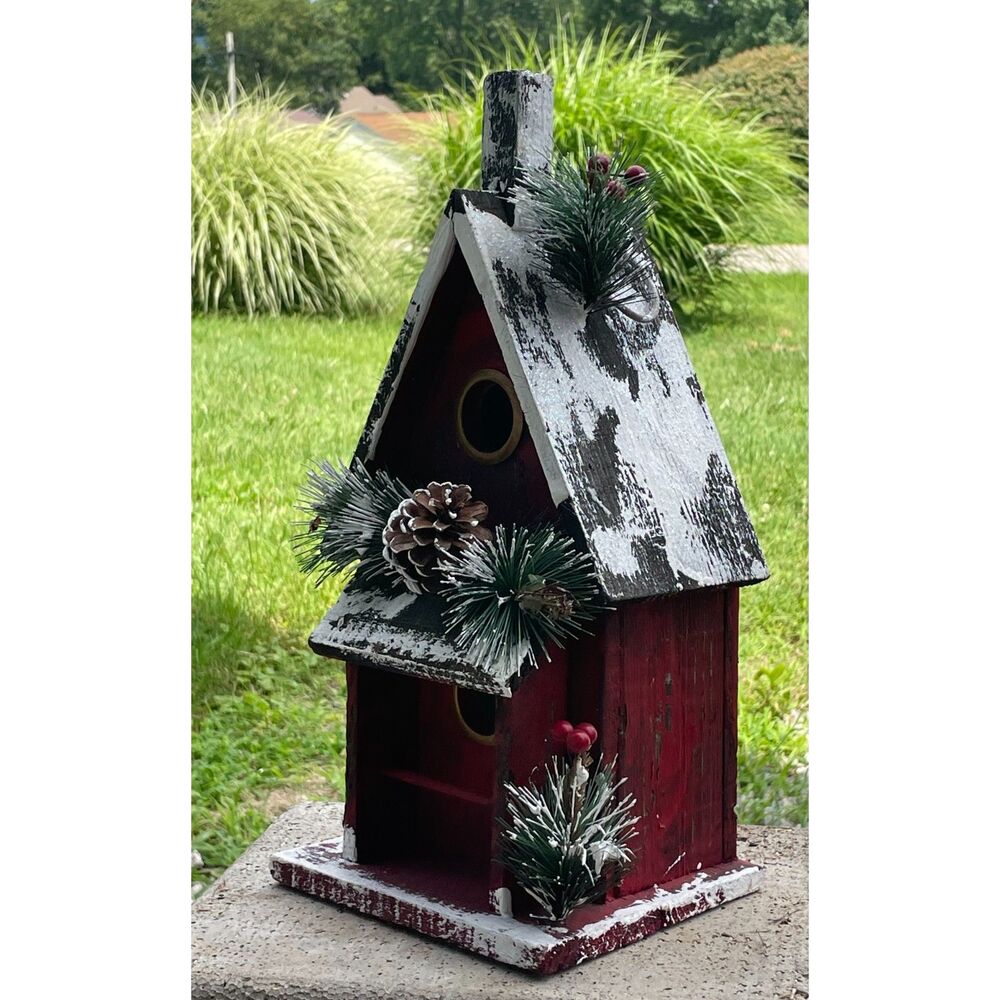 Rustic Wooden Christmas Birdhouse 2 Story Distressed Red Farmhouse Cabin Decor